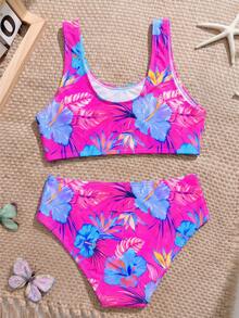 SHEIN Tween Girl Floral Print Fashionable Swimwear Set - Hot Pink - View 2