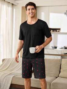 CoupledUp Men's Heart Print Casual Short Sleeve Shorts Pajama Set, Ribbed Knit - Black - View 6