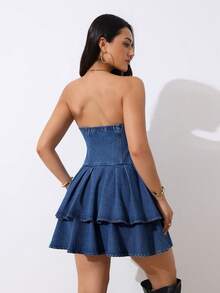 SHEIN Tall Đầm denim ngắn cúp ngực gợi cảm dành cho nữ - Rửa tối - Xem 12
