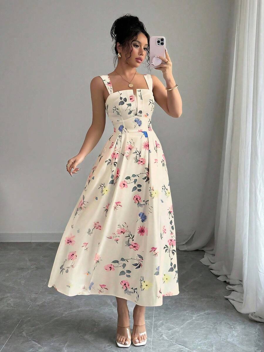 Elenzga Gaun Panjang Wanita Terbaru Motif Bunga Elegan dengan Lipatan di Pinggang untuk Musim Semi/Panas - MultiWarna - View 1