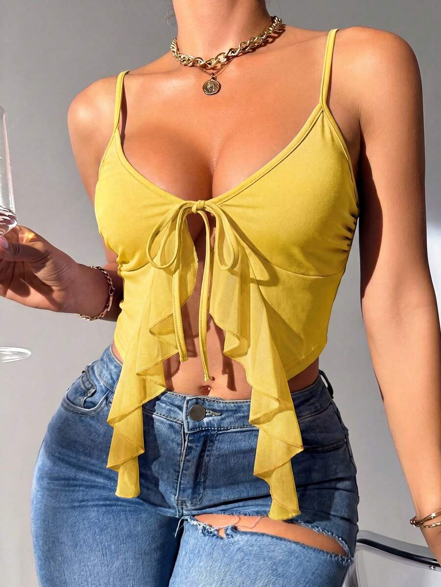 Glamine Women's Ruffle Mesh Patchwork Tie-Front Camisole - Yellow - View 1