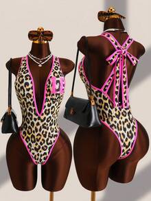 SHEIN Swim SXY Áo tắm liền thân gợi cảm họa tiết da báo, cổ chữ V khoét sâu, hở lưng. - Nhiều màu - Xem 3