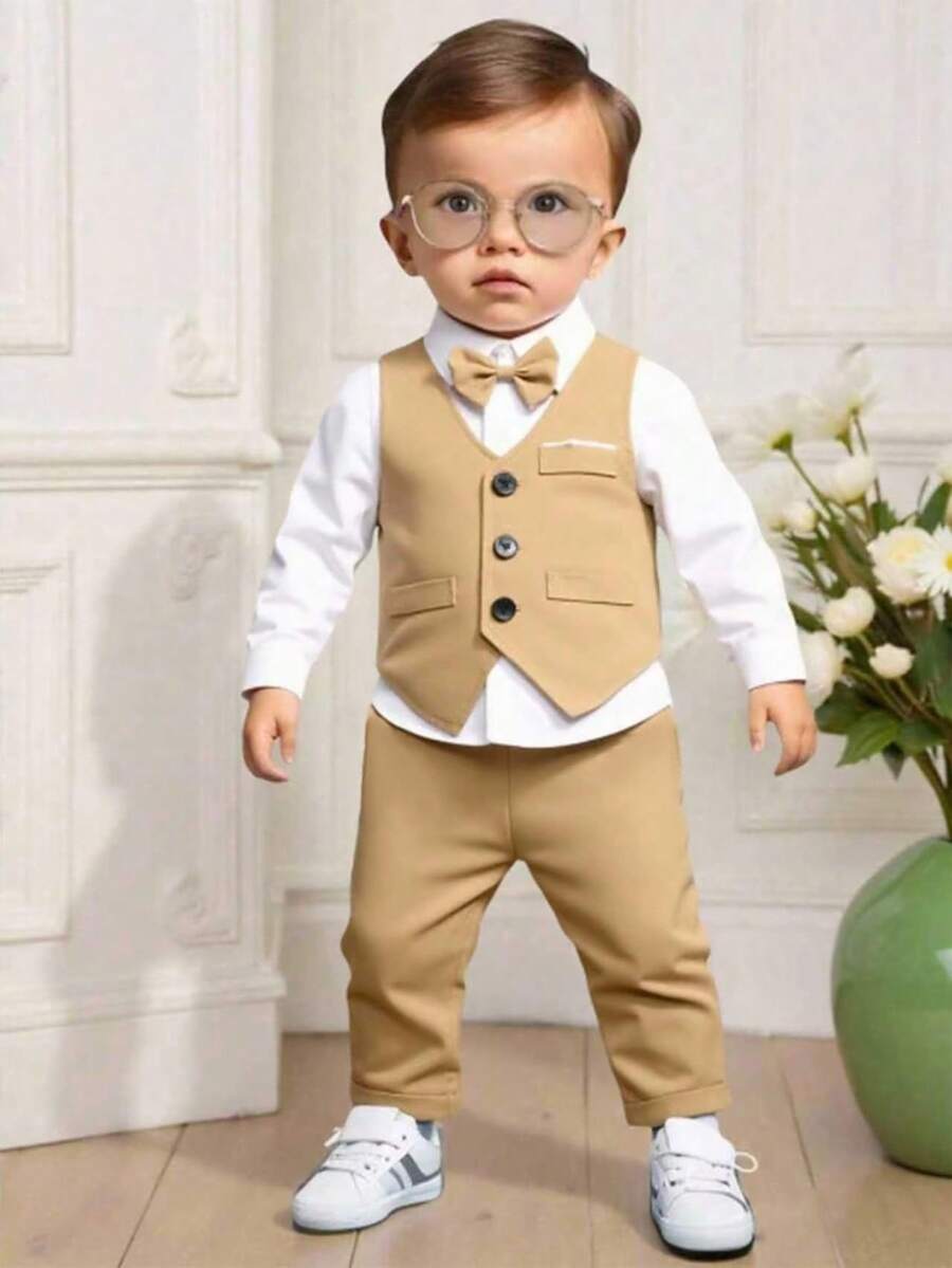 2pcs Khaki Vest Set For Baby Boys, Includes Vest And Matching Elastic Waist Pants, Excluding Shirt. The Vest Features A Refined V-Neck Design With Three Black Buttons, Chest Pocket And Side Pockets, In A Simple And Elegant Style. Suitable For Baby's 1st Birthday Party, Wedding, And Other Formal Occasions - Multicolor - View 1