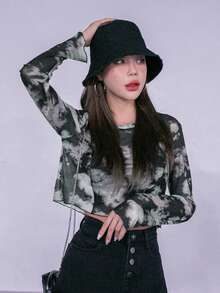 DAZY 扎染透明网眼上衣（无胸罩）外出上衣节日长袖女式上衣，秋季女装短款女式上衣 - 黑與白 - 查看 1