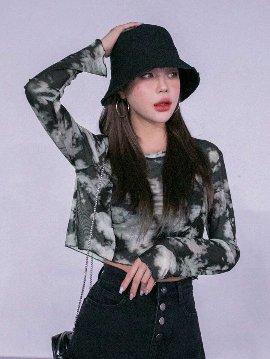 DAZY 扎染透明网眼上衣（无胸罩）外出上衣节日长袖女式上衣，秋季女装短款女式上衣 - 黑與白 - 查看 1