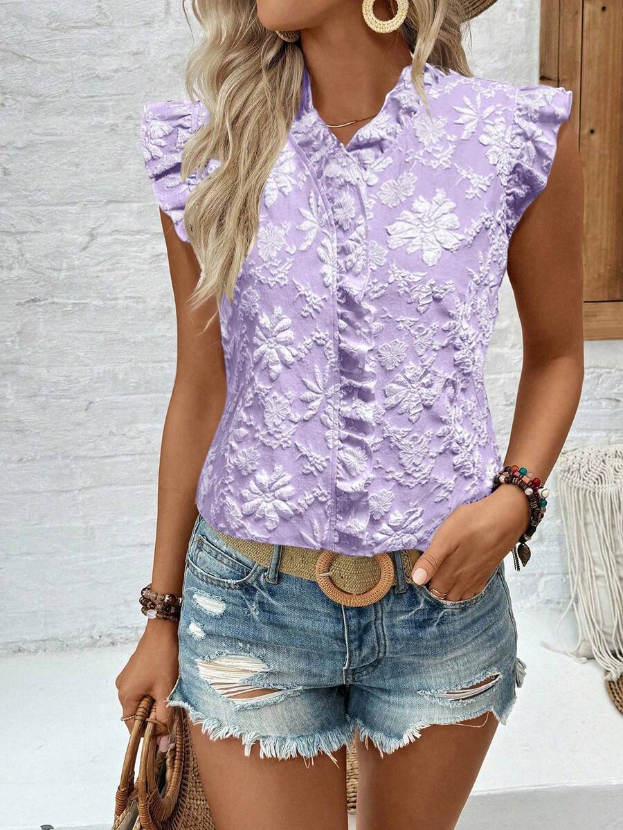 SHEIN LUNE Casual Vacation & Daily Wear Ruffle Sleeve Bow Tie Printed Apricot Blouse For Women - Purple - View 1