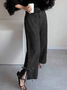 Dazy Tall Quần jeans nữ cao, dáng suông, xẻ tà bên hông, buộc dây, màu đen. - màu đen - Xem 7