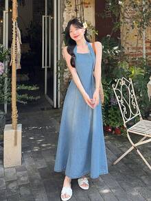 DAZY 女士夏季吊带系带露背收腰长款休闲牛仔连衣裙/太阳裙 - 中等水洗藍 - 查看 4