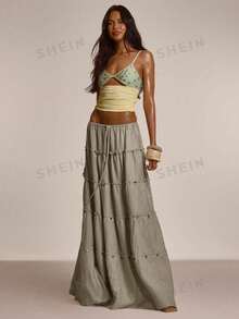 MUSERA Ruffled Hem Tiered Flowy Tie Waist Maxi Skirt Cute Summer Spring Sexy Going Out Beach Holiday Vacation Honey Tides - Grey - View 1