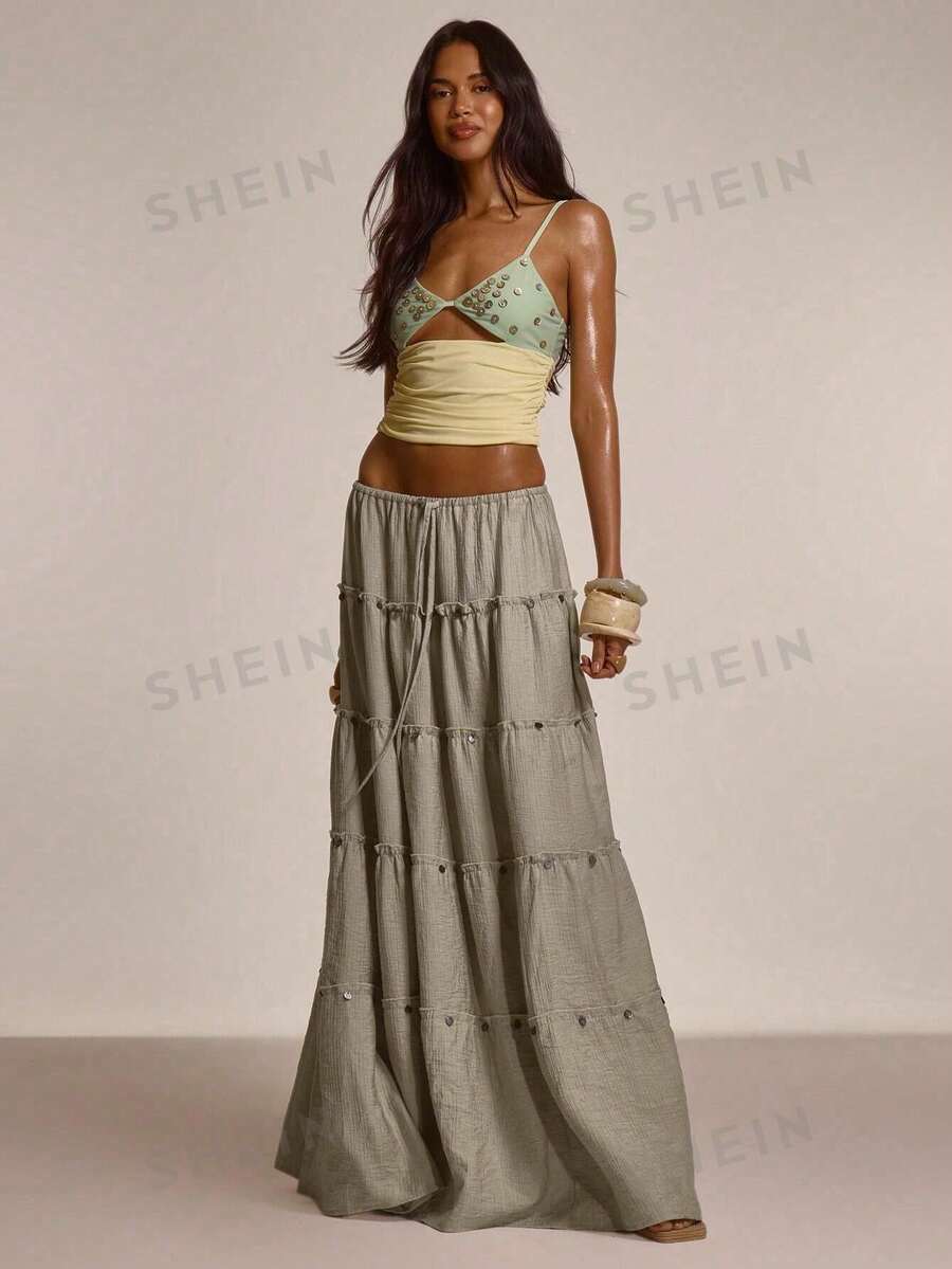MUSERA Ruffled Hem Tiered Flowy Tie Waist Maxi Skirt Cute Summer Spring Sexy Going Out Beach Holiday Vacation Honey Tides - Grey - View 1