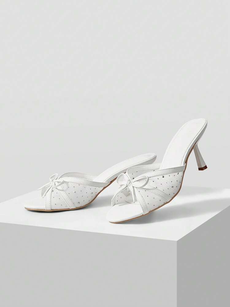 WOMEN'S FASHIONABLE ELEGANT SHEER MESH RHINESTONE DECOR BOWKNOT OPEN TOE HEELED SANDALS, SUMMER