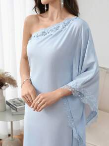 Al Najma 女士纯色撞色蕾丝优雅阿拉伯风格连衣裙 - 藍色 - 查看 6