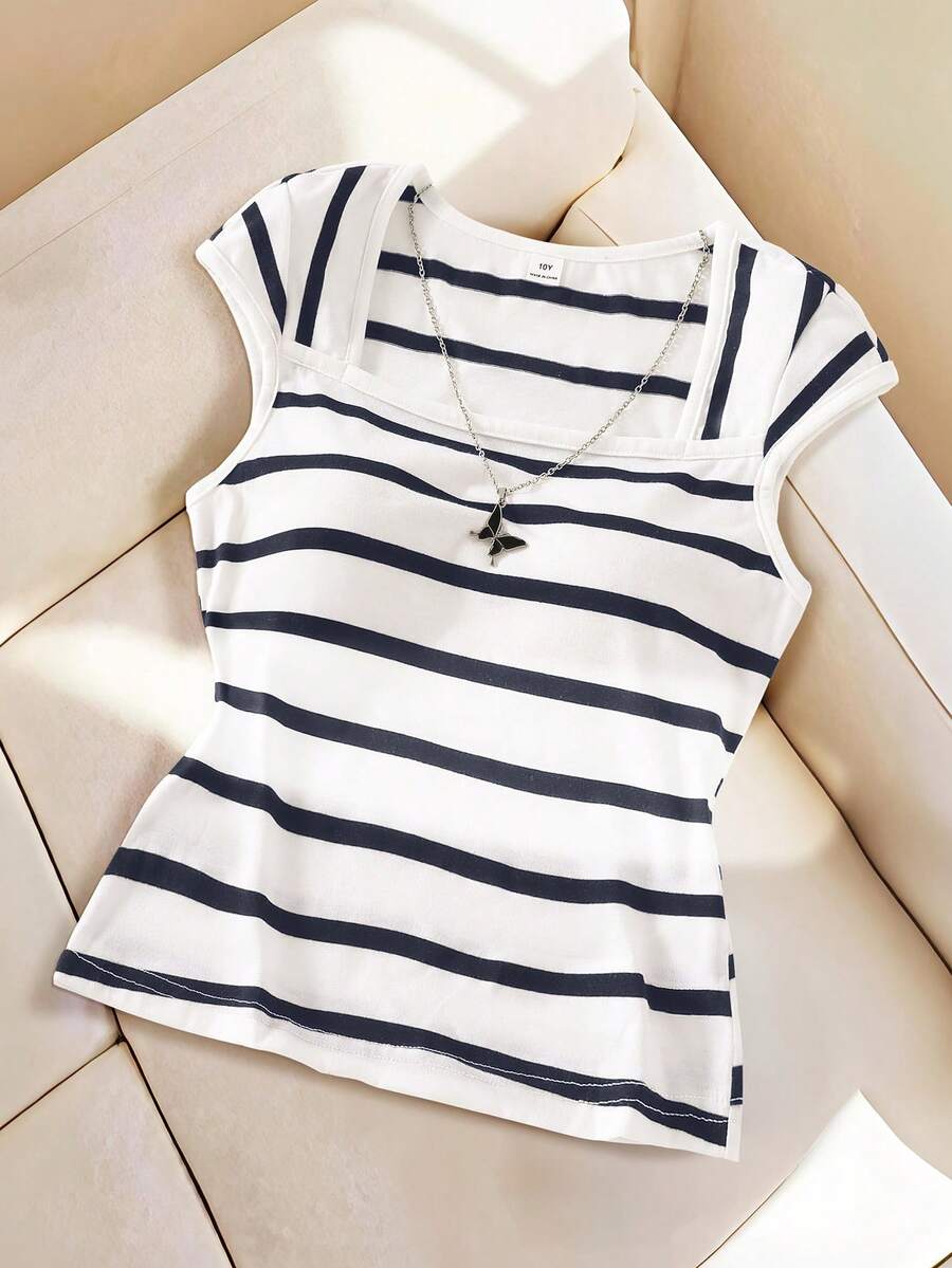 Sparklyn Camiseta de cuello cuadrado con bloques de color y rayas para niñas preadolescentes - azul real - Ver 1