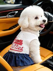 1pc Cat/Dog Universal Clothing, Embroidered Letter Pet Dress With Traction Ring, Blue And White Color Blocked Small Dog Casual Skirt - White - View 2