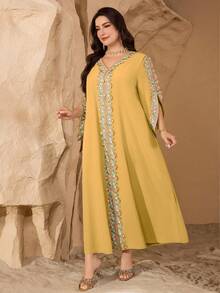 Al Najma Plus Size Solid Color Lace Trim Women Turkish Long Tunic, Arabic Traditional Maxi Dress - Mustard Yellow - View 5