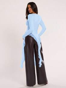 SHEIN BAE Women's Solid Color Minimalist Ruffle Hem Long Sleeve Top, Casual Everyday Wear,Summer Top - Baby Blue - View 2