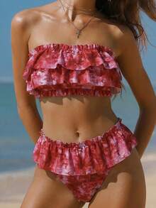 Bellisia Women's Vacation Beach Tie-Dye Print Ruffled Swimsuit Set,2026 Spring/Summer New Women's Swimwear Beach Resort Collection: Elegant, Romantic, Sexy, And Sweet; Simple, Casual, And Versatile; Uniquely Designed New Styles; Women's Beachwear, Travel Wear, Vacation Wear, Everyday Sports Swimwear, Two-Piece Sets, Multi-Piece Sets, And Multiple Colors Available, Including Bow-Tie Bikinis, Removable Bra Pads, And Vibrant Holiday-Themed Colorful Prints. Perfect For Summer Outings, Beach Vacations, Island Getaways, Sunbathing, Road Trips, Cruise Ship Banquets, Afternoon Tea, Candlelight Dinners, Romantic Dates, Private Parties, Everyday Wear, Casual Style, And Even Music Festivals. The Must-Have Swimwear For A Cool Summer Beach Trip! 2 Piece Set Two Piece Outfit Women Beach Party Outfit For Women Birthday Outfits For Women Two Pieces Retro Outfit For Women Set Rave Outfits For Women Two Piece Zestiva Swimsuit Yummy Control Bathing Suit - Red Violet - View 8