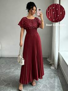 Modelyn Đầm nữ màu đỏ tía, màu trơn với họa tiết ngọc trai giả và thiết kế xếp ly, đầm chữ A tay ngắn dài đến mắt cá chân thanh lịch, thích hợp cho mùa xuân và mùa hè, phong cách nữ tính. - Màu Đỏ Sâu - Xem 7