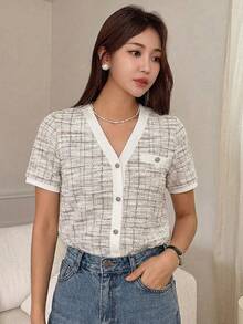 DAZY Women's Elegant Commuter Short Sleeve Button Front T-Shirt, Summer - Grey - View 5