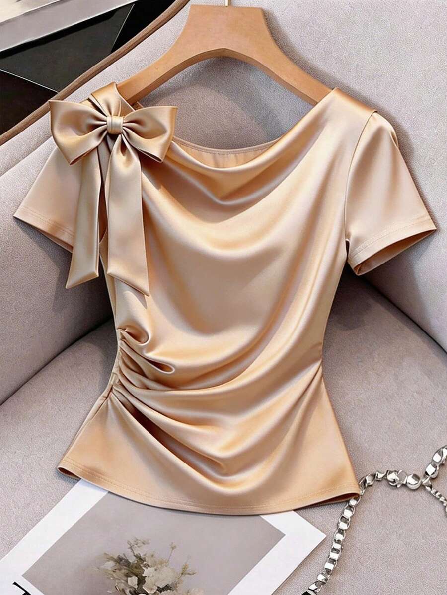 Selianne Elegant,Champagne Gold Summer Dining Satin Asymmetric Bowknot Short Top,Urban Chic Fitted Ruffle Collar Shirt For Wedding,Formal Event,Commute,Party - Apricot - View 1