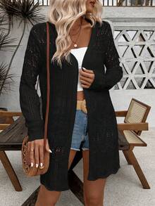 SHEIN LUNE Áo khoác cardigan dài tay nữ màu trơn, kiểu dáng casual, khoét lỗ - màu đen - Xem 3