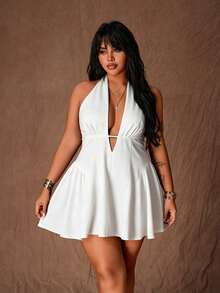 Rustia Plus Size Sexy Chic Deep V-Neck Halter Tie Waist Slim Fit Dress - White - View 4