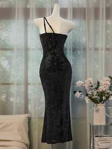 Glisette 1pc Women's Long Black Elegant Goth Party Evening Night Club/Holiday/Birthday Dress Autumn - Black - View 2