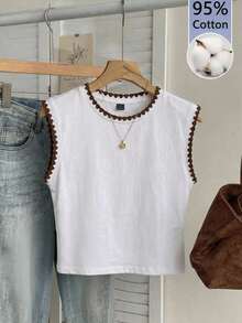 Siren Gaze Áo tank top nữ màu trắng trơn, chất liệu 95% cotton, viền chỉ màu nâu - Thanh lịch và tinh tế, hoàn hảo cho công sở, đi làm, hẹn hò, lễ hội miền Tây, trang phục thường ngày mùa xuân và hè, thoáng khí, phong cách đường phố retro Y2K, thích hợp cho câu lạc bộ, phòng tập, lễ hội âm nhạc và trang phục hàng ngày. - Nhiều màu - Xem 6