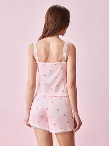 Women's Pink Heart & Ribbed Lace Silk Camisole Shorts Pajama Set - Pink - View 2