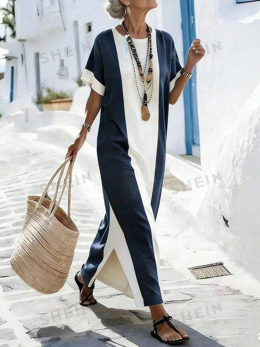 Breezaya Navy-blau & weiß Kontrast Splice Kleid, lose Fledermausärmel Strand Urlaub Schlankheitskleid - Blau-Weiß - Übersicht 1