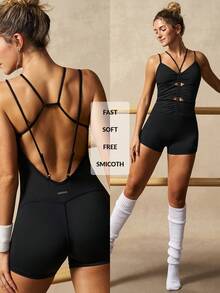 VARSIVA Solid Color, Thin Straps, Backless, Slim-Fitting Jumpsuit With Built-In Bra Padding; Perfect For Summer Sportswear Or Gym Workouts. - Black - View 3