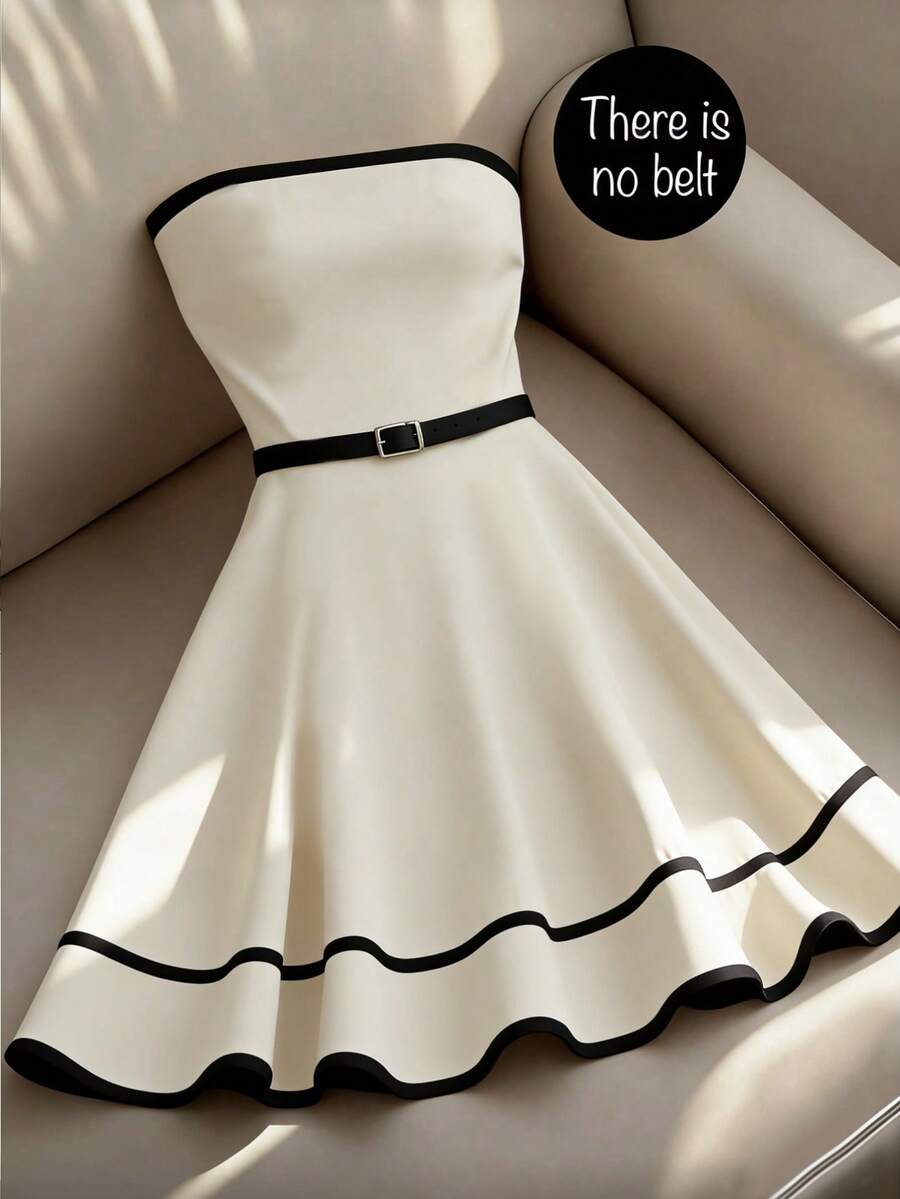 Franclia Women's Fashionable Elegant Contrast Color Trim Strapless Dress, No Belt - Apricot - View 1