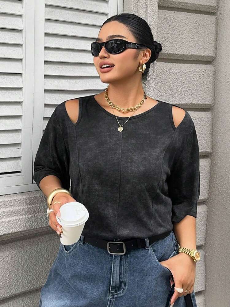 Dazy Plus Casual Tie-Dye T-Shirt, Cutout Shoulder Loose Tops, Relaxed Japanese Style Plus Size Women Spring/Summer Short Sleeve Tee