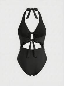 Swim Mod 1pc Women Solid Color Halter Neck One-Piece Swimsuit, Fashionable For Summer - Black - View 3