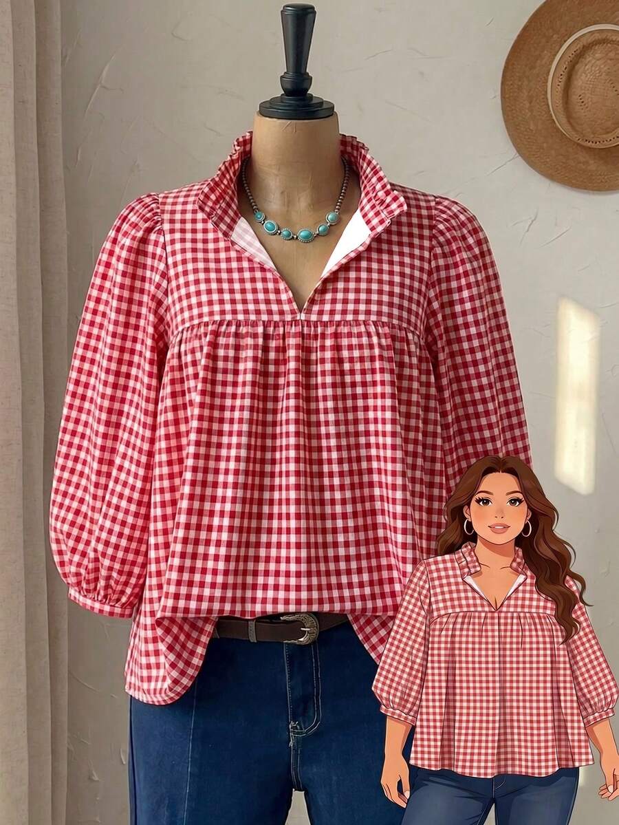 SHEIN RusticEase Plus Size Women Casual Plaid Lantern Sleeve Shirt Zoey Outfit Zipper Top Zoo Outfits Women - Multicolor - View 1