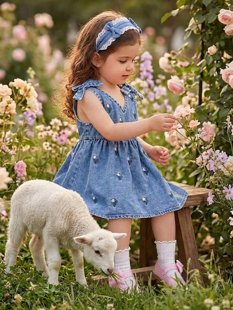 SHEIN Vintaside Kids 乡村风女婴无袖连衣裙,水洗浅蓝色,配有可拆卸蝴蝶结装饰,为宝宝增添俏皮可爱,适合日常外出、休闲聚会、派对等场合,是春秋季节的可爱点缀。 - 藍色 - 查看 1