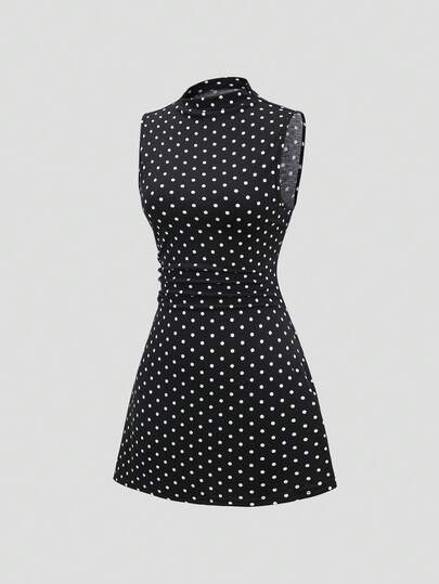 Sweetra Women's Elegant Romantic French Retro Asymmetrical Ruched Polka Dot Dress