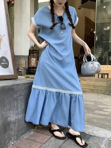 DAZY 女士V领蕾丝拼接长款度假牛仔连衣裙/太阳裙 - 中等水洗藍 - 查看 5