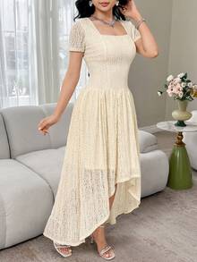 Đầm nữ cổ vuông tay ngắn vạt trước ngắn vạt sau dài, kiểu dáng thanh lịch. - Màu be - Xem 6