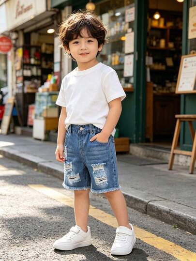 Quần short denim thường ngày cho bé trai, hàng mới về mùa hè, phong cách đường phố thoải mái, denim màu xanh nhạt, thích hợp cho kỳ nghỉ hè, cạp chun co giãn tạo cảm giác thoải mái và dễ mặc. Nhiều chi tiết rách và xước ở gấu quần, phong cách giản dị và cá tính, phù hợp với trang phục mùa hè của trẻ em. Ống quần thẳng, chất liệu denim cotton thoải mái, đa năng cho sinh hoạt hàng ngày, kỳ nghỉ, lễ hội âm nhạc, trường học, tụ họp, tiệc tùng, đi làm, v.v.