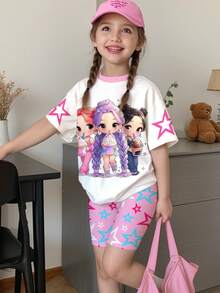 2pcs/Set Young Girl Casual Cartoon Portrait,Vibrant Gradient Color,Group Print,Round Neck Short Sleeve T-Shirt And Shorts Set,Suitable For Summer - Multicolor - View 2