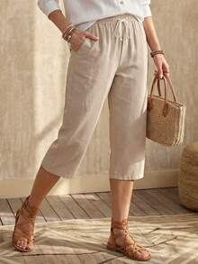 Faunlyn Women's Solid Color Front Tie Waist Casual Mid-Length Pants, Daily Casual Wear - Khaki - View 5