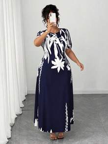 SHEIN PETITE CURVE Plus Size Women Elegant A-Line Dress, Slimming Waist, Suitable For Daily Commute And Beach Vacation Gym Brown Summer - Navy Blue - View 7