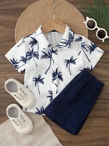 SHEIN Baby Boy Casual Vacation Coconut Tree Print Shirt And Shorts Set, Summer - Blue - View 7