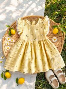 Baby Girl Floral & Plaid Pattern Ruffle Hem Casual Vacation Dress, Summer - Yellow - View 7