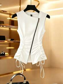 Franclia Áo tank top nữ màu trắng thời trang, thắt eo xếp ly, có khóa kéo trang trí, chun co giãn hai bên, thích hợp mặc mùa đông, dịp năm mới, màu trắng cho đêm giao thừa, tiệc tùng, đi biển, thanh lịch, thường ngày, lãng mạn, ngày Valentine, hẹn hò, mùa hè, bikini đi biển nữ mùa hè 2026, áo mùa hè, trang phục tốt nghiệp, trang phục công sở thường ngày thời trang, trang phục công sở, trang phục thường ngày đa năng và phong cách, trang phục chuyên nghiệp cho giáo viên thành thị. - trắng - Xem 1