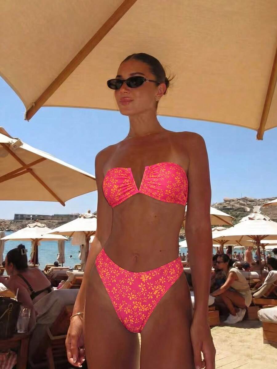 SHEIN Swim Mod 1pc Orange & Rose Floral Print V-Neck Sexy & Cute Bikini - Multicolor - View 1