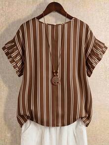 Linhara Women's Summer Striped Round Neck Ruffle Sleeve Retro Casual Blouse, Suitable For Weekend Shopping, Cafe Visits, Commuting, Daily Wear - Coffee Brown - View 2