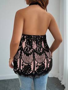EMERY ROSE Blusa elegante de estilo francés con cuello alto, de tela de encaje y forro contrastante, para uso diario en primavera/verano/otoño, talla grande - Rosa - View 2