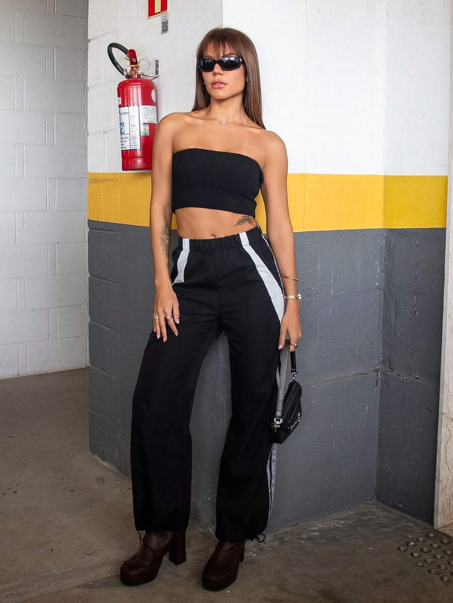 Hariany Almeida Women's Elastic Waist Splice Streetwear Casual Oversized Sweatpants Fall Cloth For Women - Black - View 1